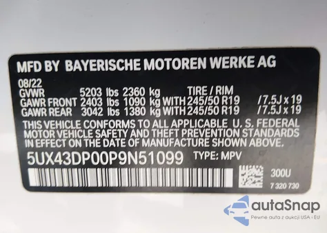 2023 BMW X3 Sdrive30I z USA, uszkodzony, nr VIN 5UX43DP00P9N51099